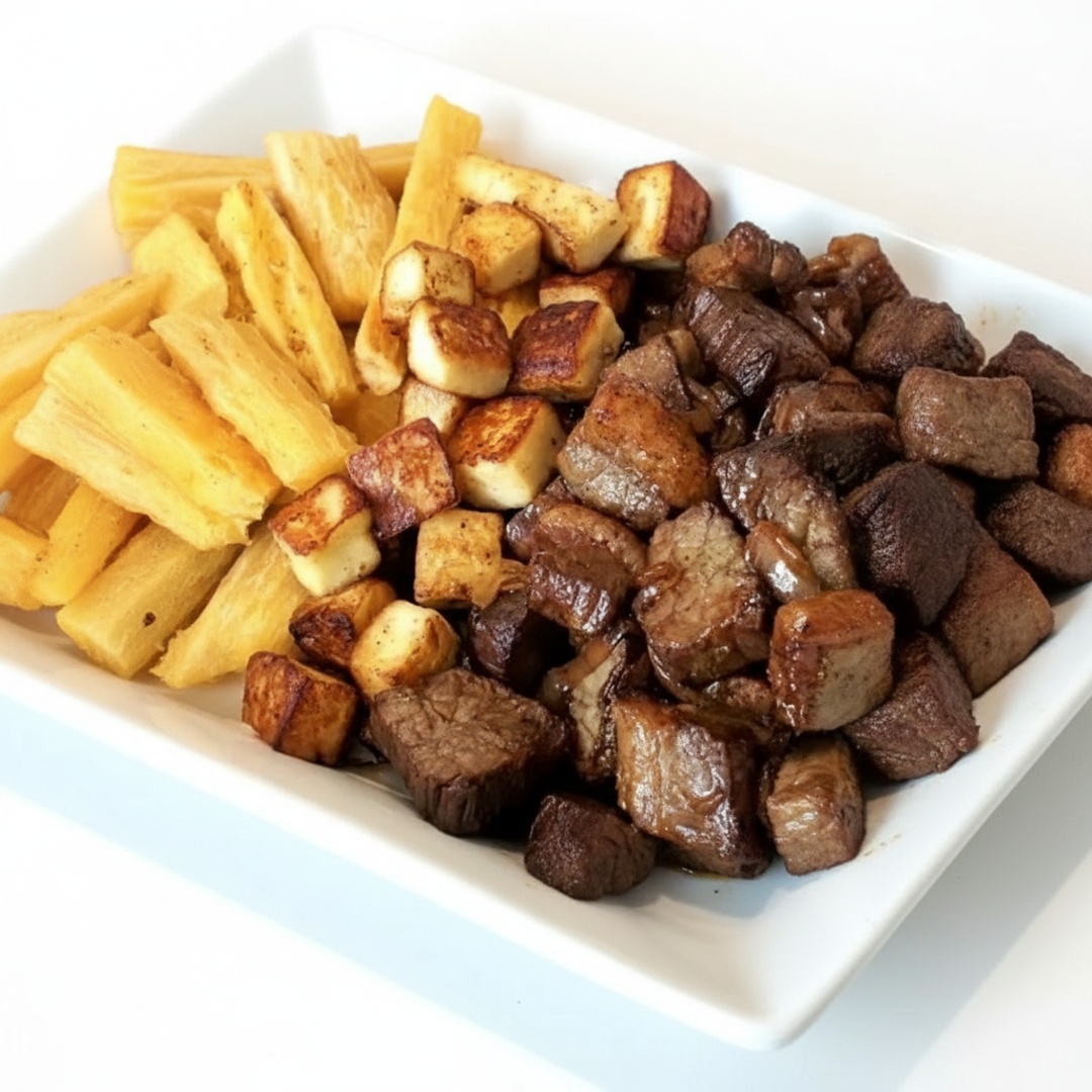 Baião de dois, aipim frito e farofa