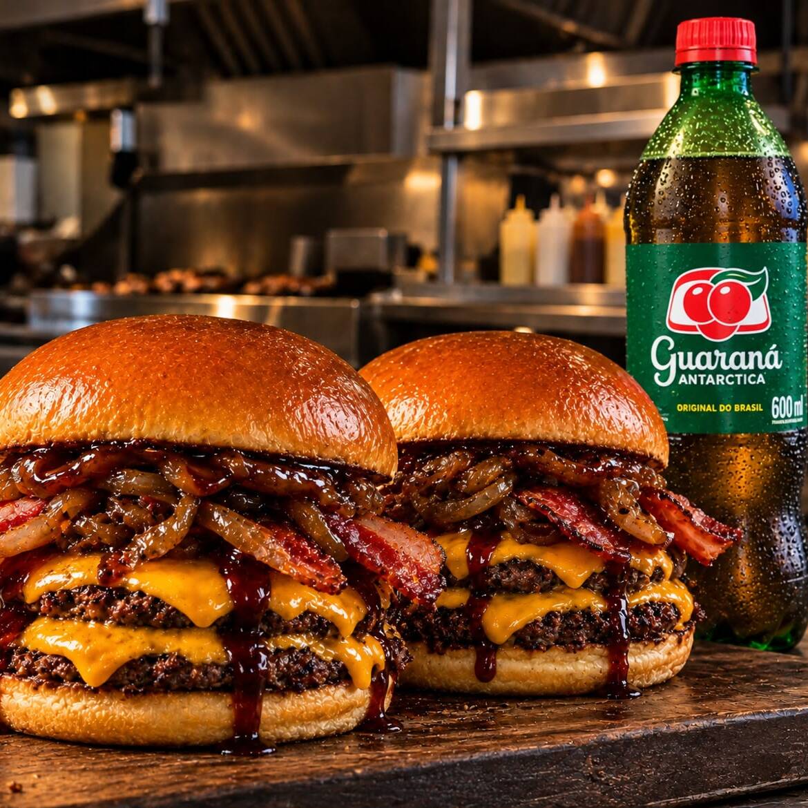 Combo casal flash: 02 Flash bacon (Pão brioche amanteigado, cebola caramelizada no mel, bacon carnudo, 2 carnes smash 100g e molho barbecue defumado) + refrigerante 600ml à escolha. Imagem meramente ilustrativa, o combo não acompanha batata frita.