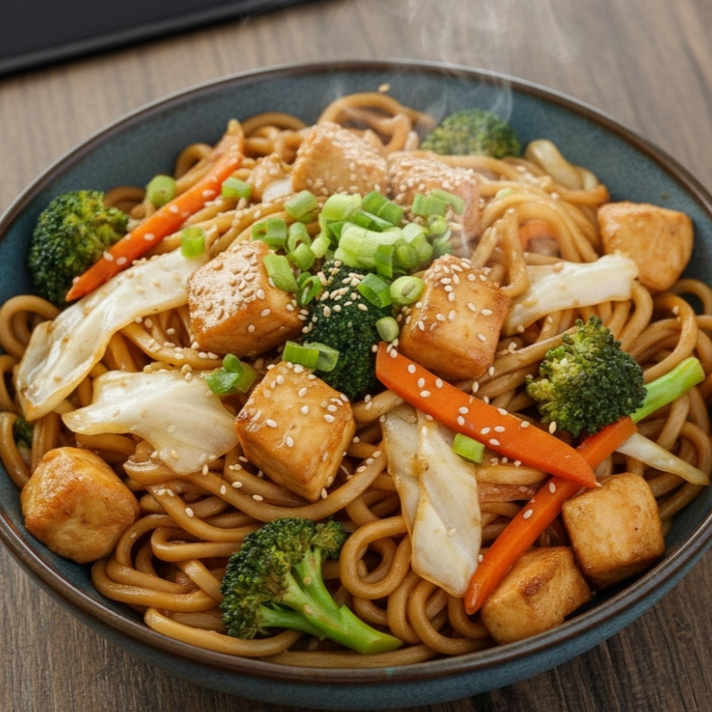 Macarrão especial, repolho, cenoura, brócolis, molho gergelim e frango -TAM P