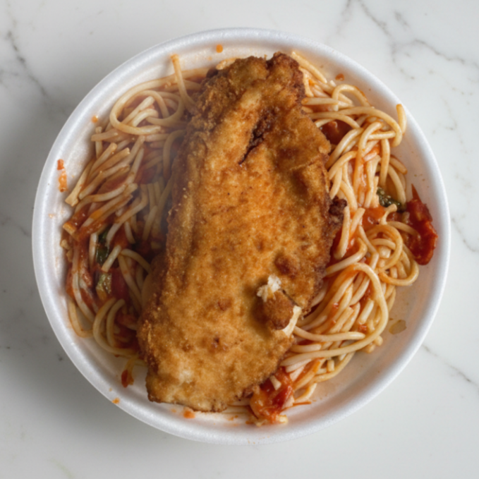 Marmita composta por: Macarrão espaguete ao molho pomodoro e frango empanado.