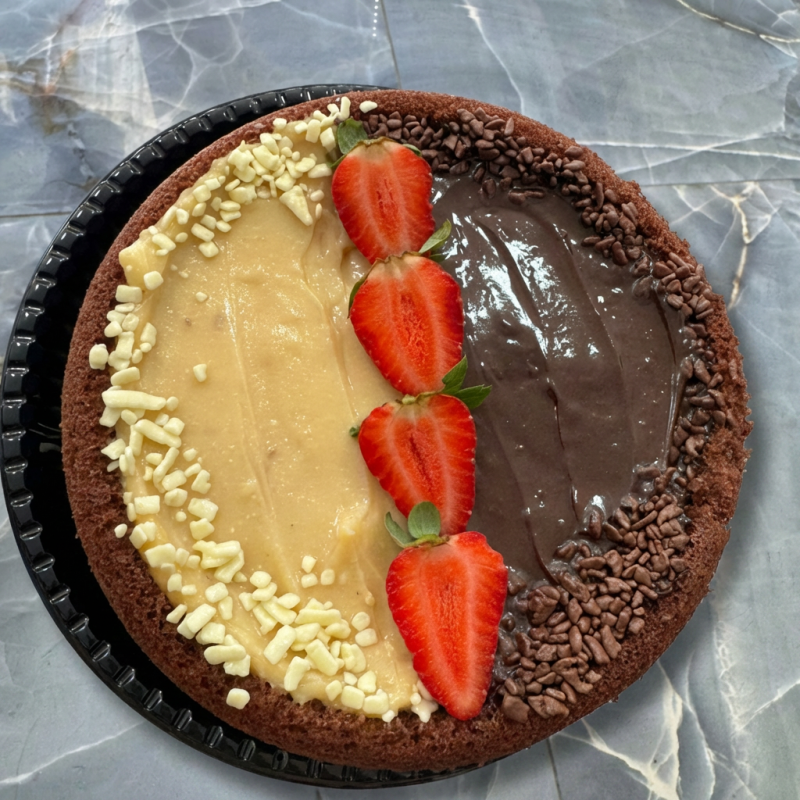 Delicioso bolo de massa de chocolate com recheio de ninho, brigadeiro e morangos em cima
