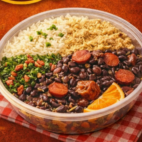 Marmita de feijoada (possui porco ) com arroz, feijoada, farofa, couve refogada, laranja e vinagrete. Acompanha um refri lata ( coca lata normal ou zero. especificar nos comentários )