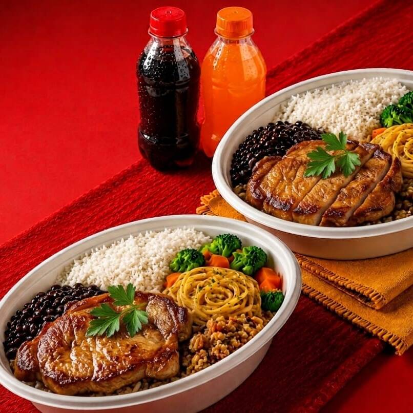 Duas marmitas de bisteca frita da casa acompanhadas de refrigerante. Combo completo para dividir ou para quem procura uma refeição reforçada com excelente custo-benefício e muito sabor.
Combo ideal para almoço ou jantar com excelente custo-benefício.