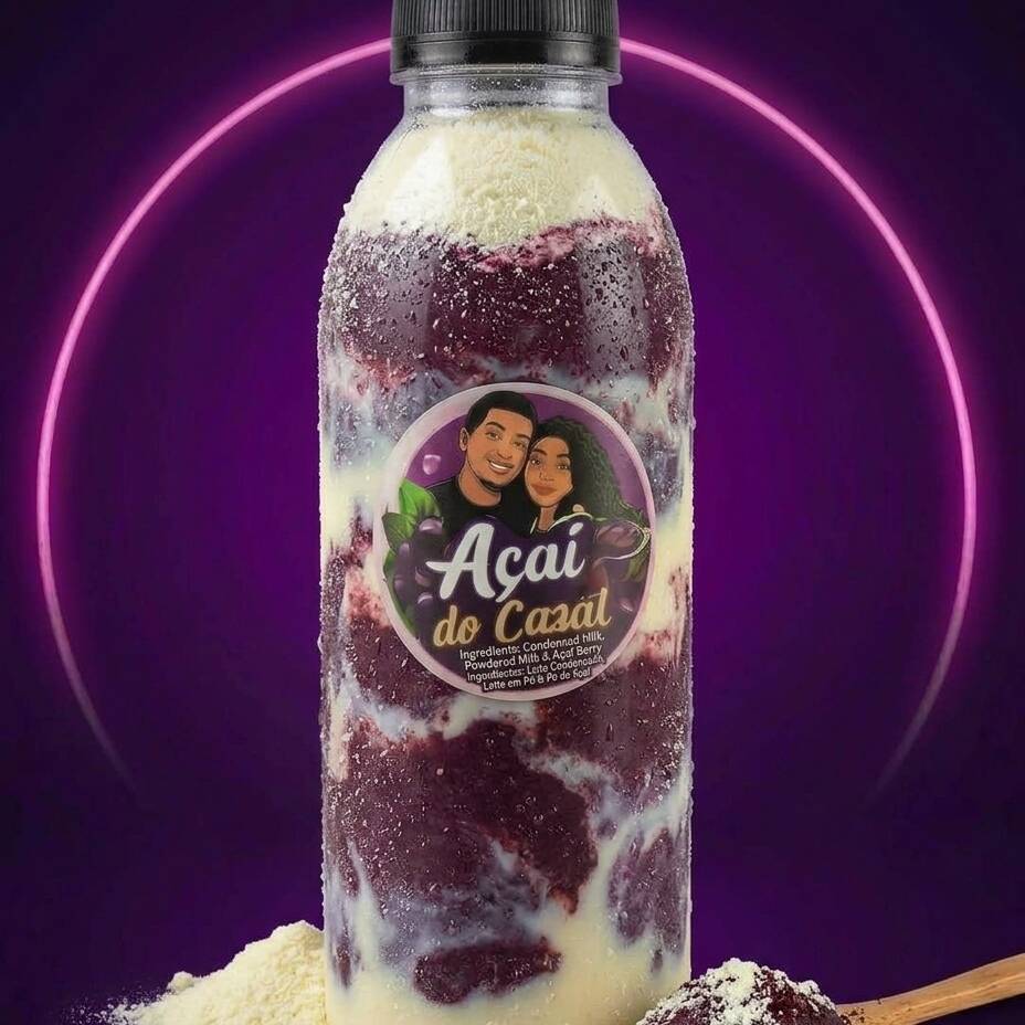 Açai na garrafa,açaí cremoso+leite condensado+leite em pó.