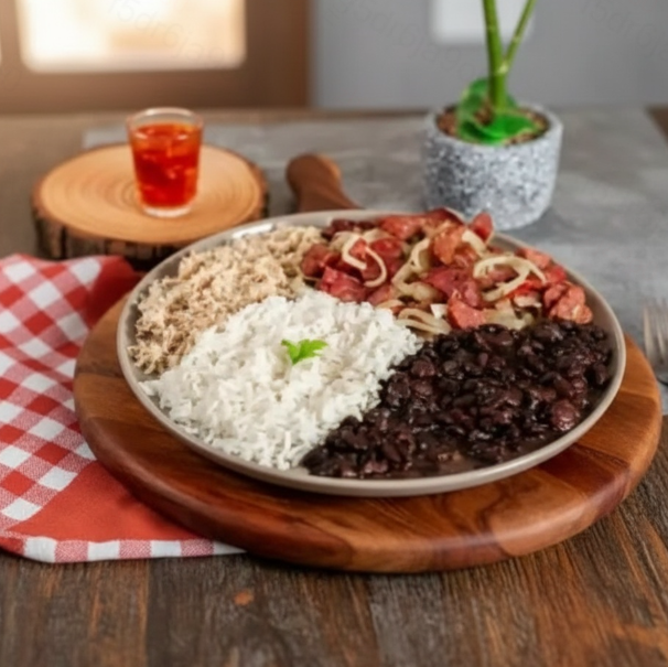 Arroz, feijão, salada, linguiça toscana acebolada e batata frita.