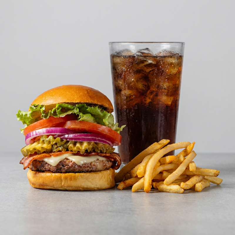 Escolha seu Burguer do combo, acompanhado de um refrigerante geladinho em lata e uma fritas crocante e temperada na medida certa