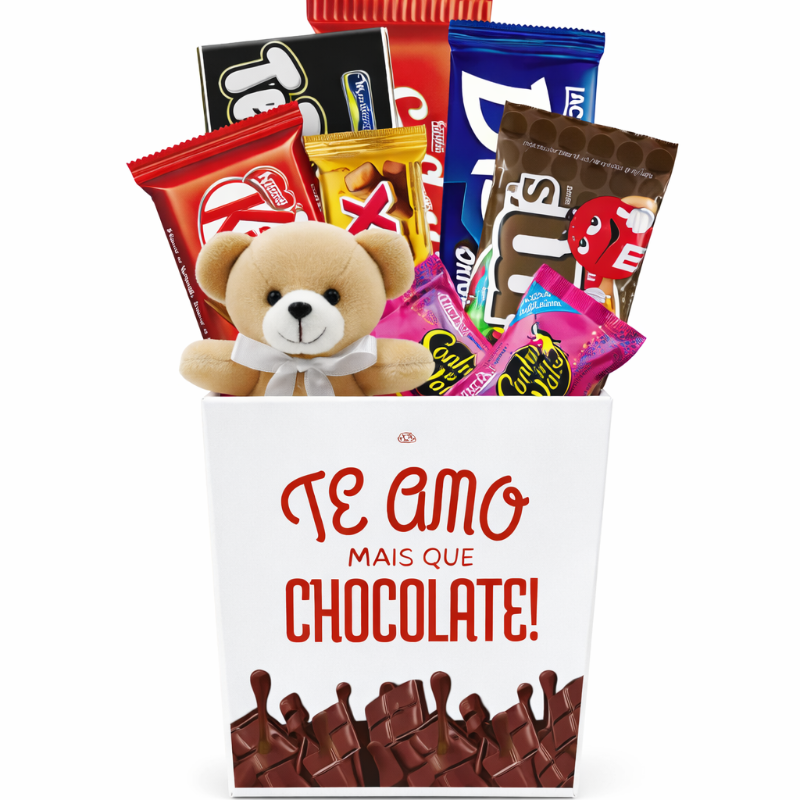 Um lindo box cheinho de chocolates pra você! Contendo 1 mini ursinho 1 Bis , 1 KitKat,2 Sonhos de valsa, 1 Mms ,1 Suflair, 1Rolinho de chocolate