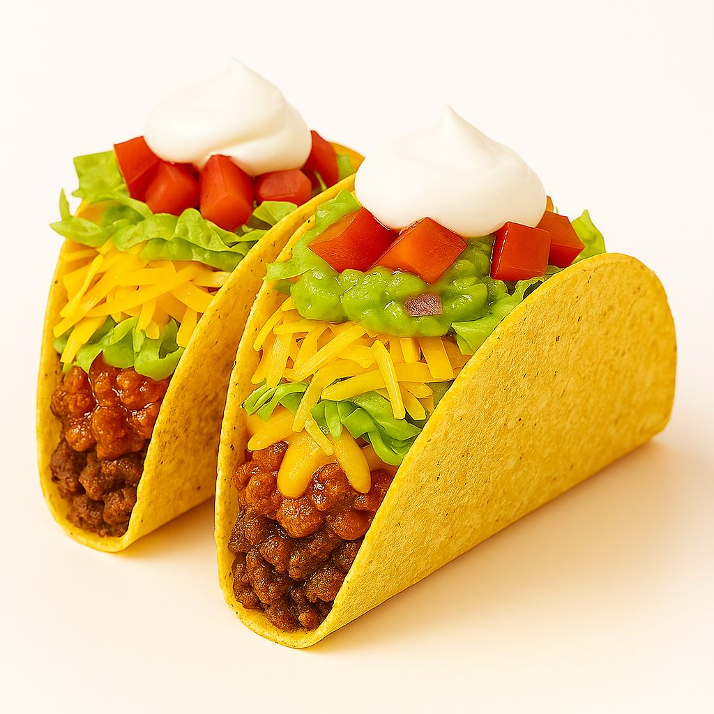 Combo Tacos: Duas tortillas de milho de 14 cm, recheado com chilli beans, uma opção de proteina, salsa roja picante, cheddar cremoso, sour cream, guacamole e a mussarela. Acompanha uma paleta mexicana ( sorvete ) e um refrigerante lata 350 ml.