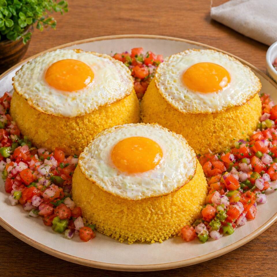 3 Cuscuz Simples com Ovo Frito e Vinagrete Tradicional