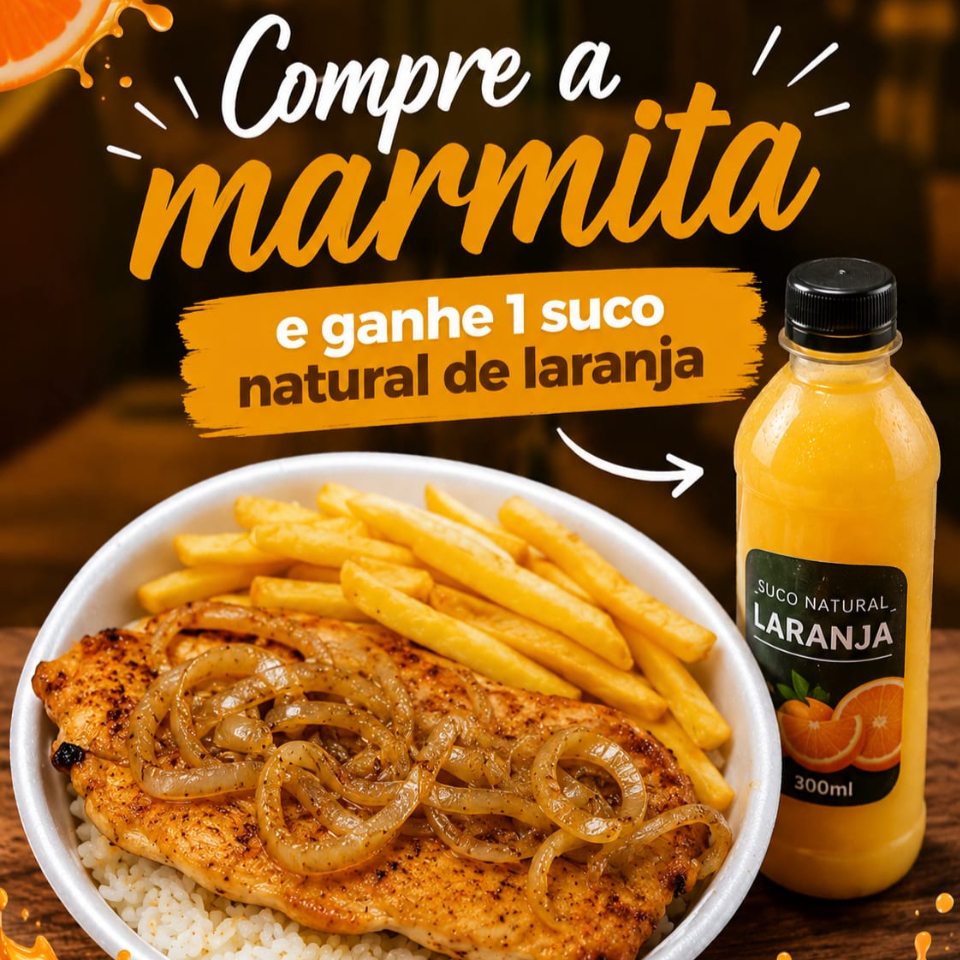 Marmita completa com arroz, feijão de caldo, Filé de Frango acebolado, batata frita e acompanhamento à escolha entre salada do dia ou salada de maionese. 🥤 Acompanha 1 suco natural de laranja 200ml grátis.