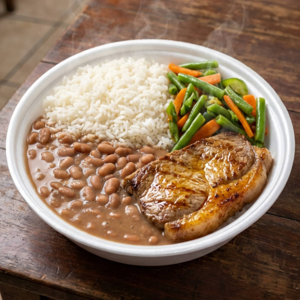 Bife bovino macio e suculento, grelhado no ponto ideal e temperado na medida certa. Acompanha arroz soltinho, feijão caseiro, brócolis ao alho e óleo e farofa de bacon.