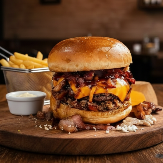 Pão brioche, 2 hambúrgueres, cheddar, molho especial, cebola caramelizada e bacon