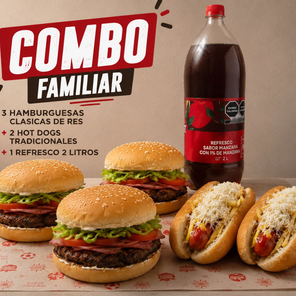 Combo Familiar: 3 Hamb Res +2 Hot Dog+ Refresco 2L