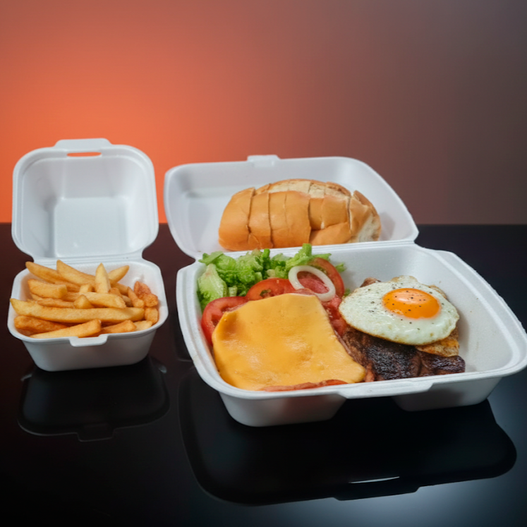 Pão francês, bife de contra filé, presunto, queijo prato, ovo, maionese, alface, tomate e fritas. OBS: É um LANCHE, NÃO vai Arroz, Feijão e nem o utensílio "prato de louça ou descartável"