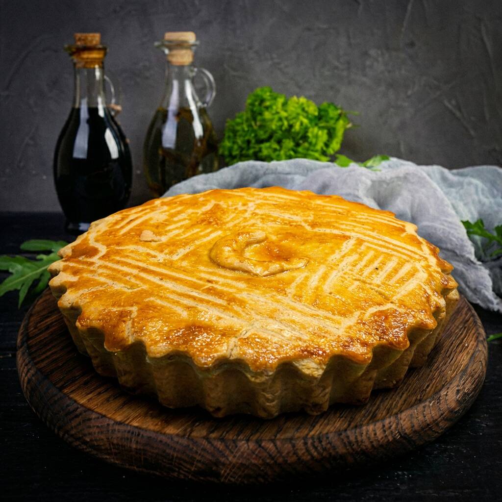 Massa dourada e estruturada com recheio farto de frango temperado. Sabor caseiro elevado a padrão premium.