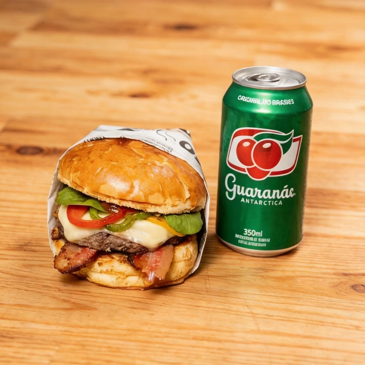 Delicie-se com o nosso X-Tudo, um verdadeiro deleite para os amantes de sanduíches. Com um pão macio e fresco, abriga um suculento hambúrguer de boi e frango, complementado com fatias de presunto e queijo derretido, um ovo perfeitamente cozido, bacon crocante, frango desfiado saboroso, milho adocicado, batata palha crocante e, por fim, alface fresca e tomate suculento. Para acompanhar, um refrescante refrigerante de lata com 350 ml. Atenção: imagem meramente ilustrativa.