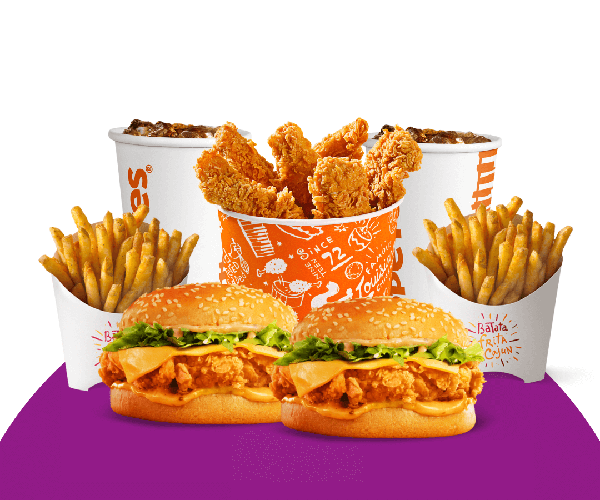Escolha 2 Sanduíches entre: Clássico Nola Rose, Clássico Salada, Clássico Cheddar Bacon, The Sandwich, Lousiana, Cebola Bacon Frango e Barbecue Bacon. Acompanha Fritas Cajun e Bebida + 1 balde de 6 Tiras de Filé.

*Para garantir que o nosso produto chegue com a melhor qualidade para você, o envio é feito em caixas e não em baldes.