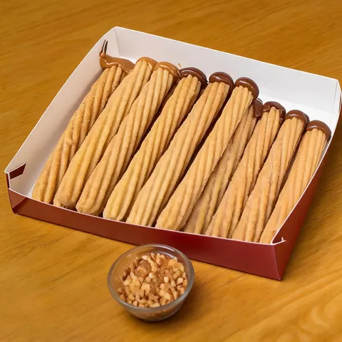 15 unidades de churros espanhóis recheados, crocantes por fora e macios por dentro, finalizados com açúcar e canela. Acompanha 30ml de confeito para um toque extra no sabor. Aproximadamente 16cm cada unidade.