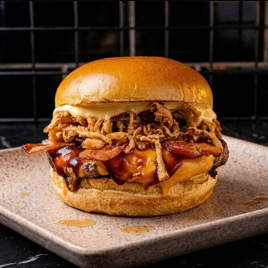 Pão de brioche, com um blend bovino de 120g, 2 fatias de queijo cheddar, cebola crispy, fatias de bacon e molho barbecue