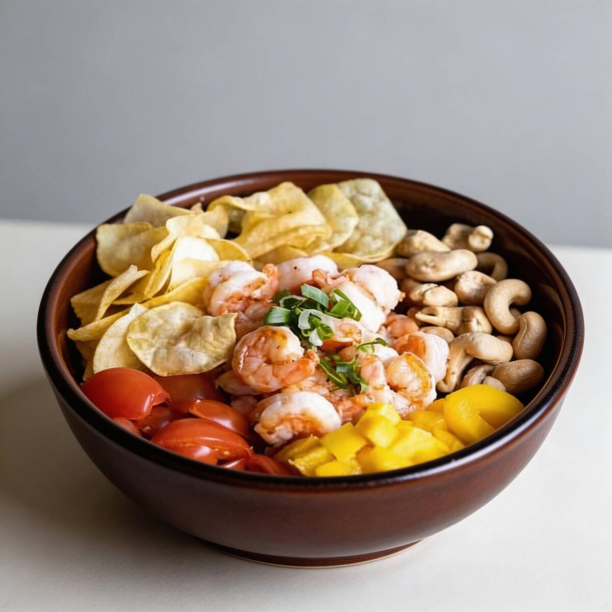 Camarão 100g, molho tariyake , tomate cereja ,manga, amendoim, batata doce frita e cebolinha
