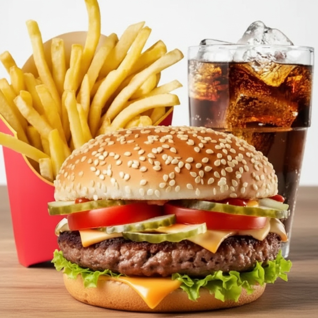 Burgão simples (Pão, carne, queijo e molho) com batata frita individual e coca cola gelada imagem meramente ilustrativa