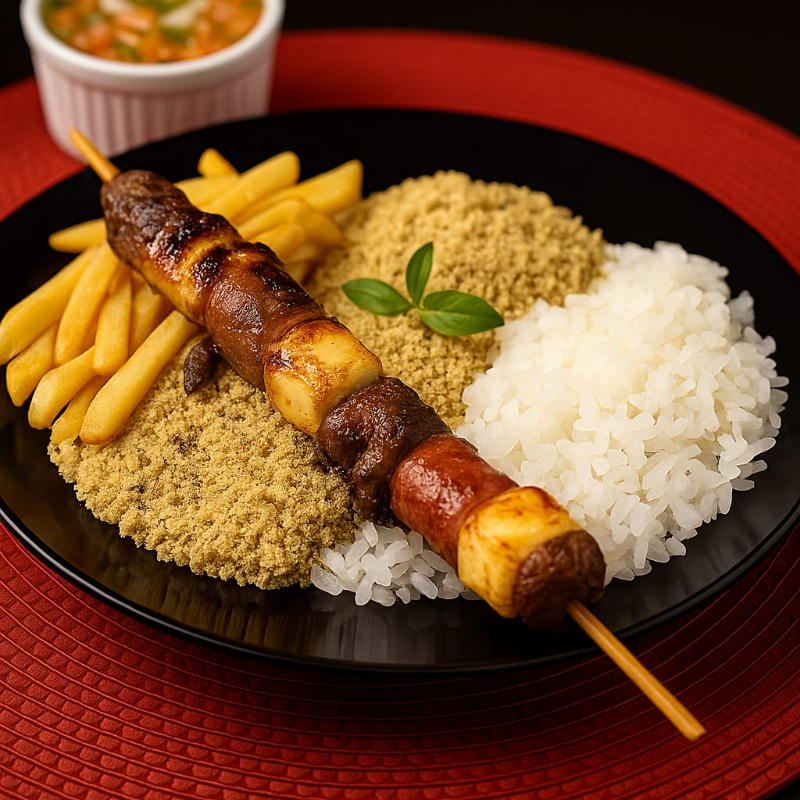 Delicioso Completo, composto por Arroz, farofa, batata frita, vinagrete e 1 espeto a sua escolha! ( Serve bem 1 pessoa)
