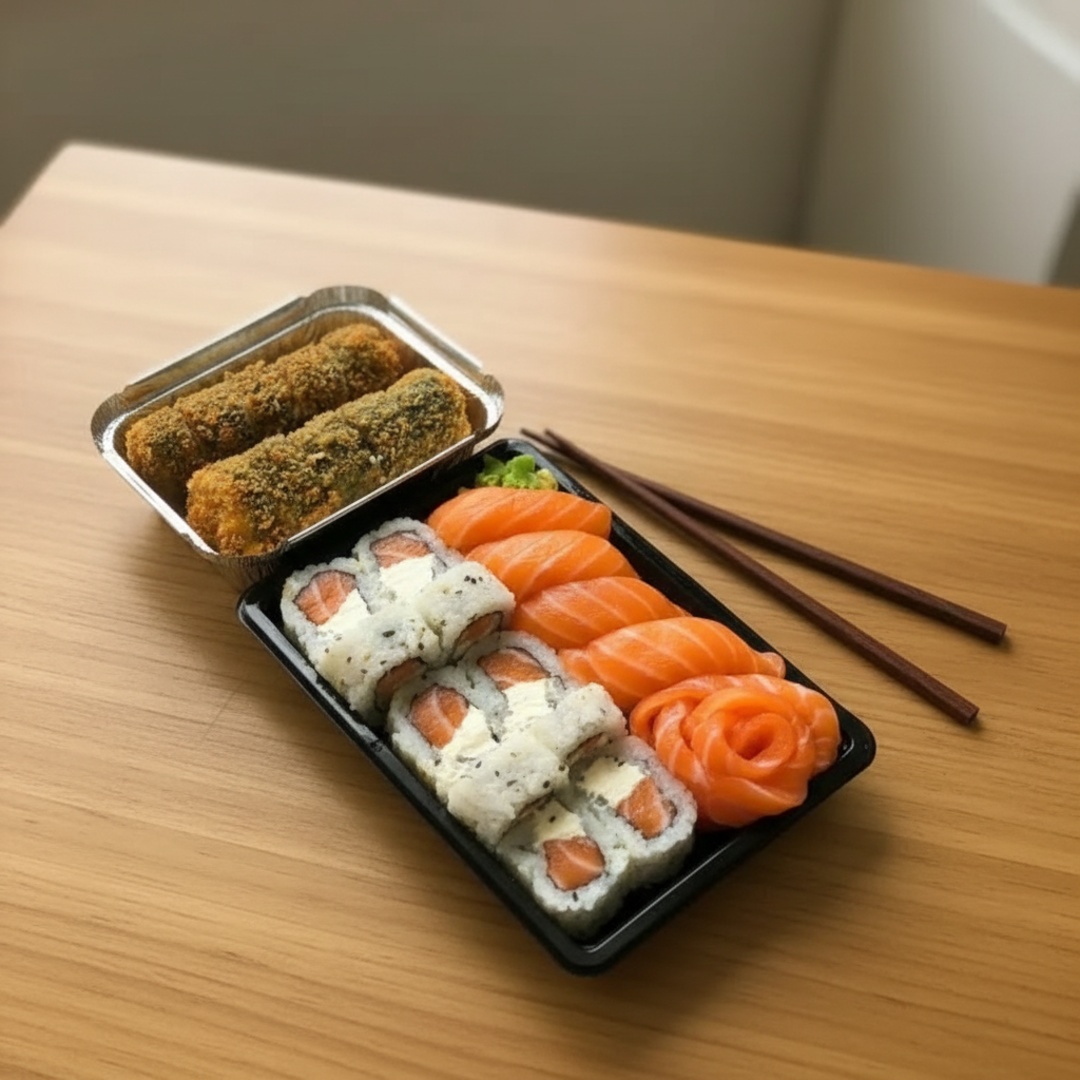 8 uramaki Filadélfia, 10 hots , 4 sashimi, 4 niguiri