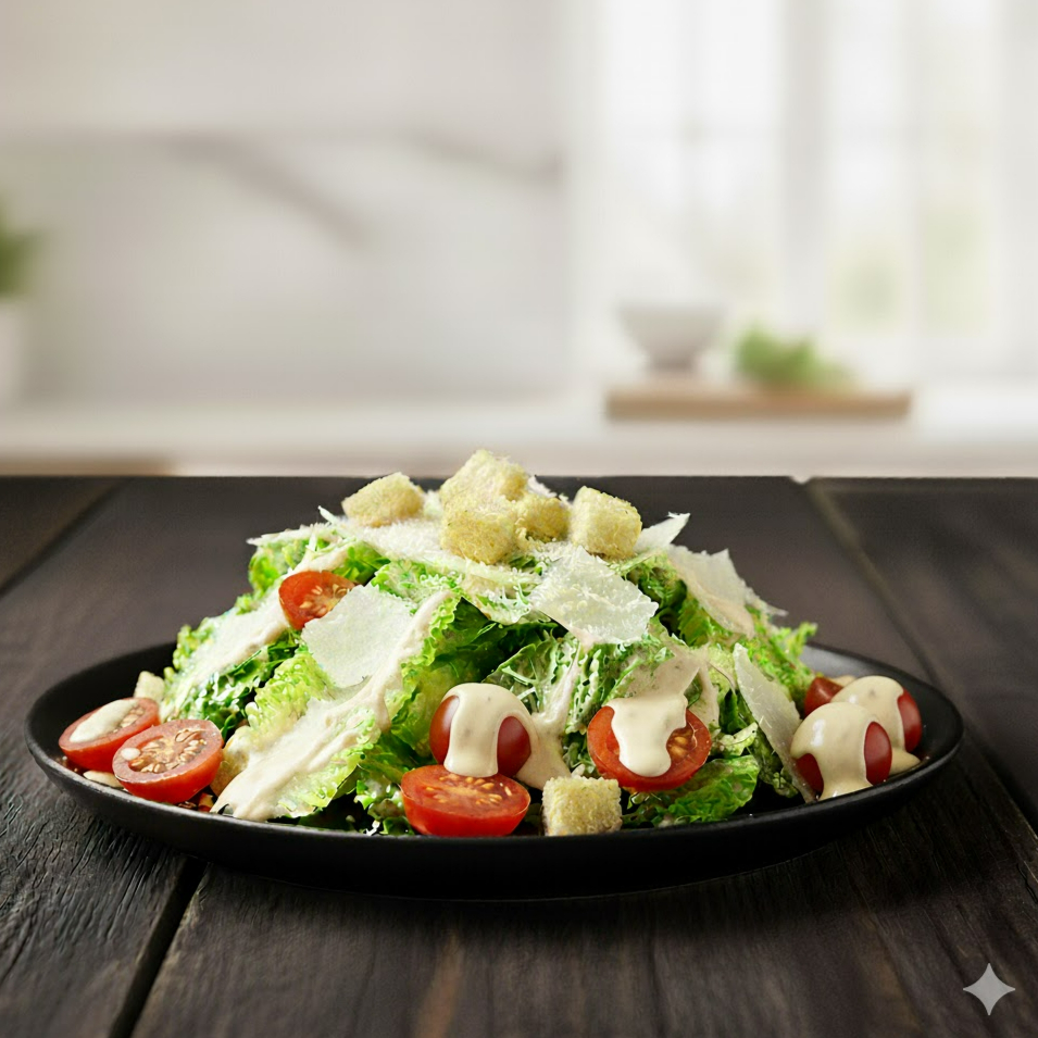 Nossa salada Caesar é um clássico que vai com alface americana, tomate cereja, queijo parmesão ralado e croutons ( acompanha nosso molho Caesar ).