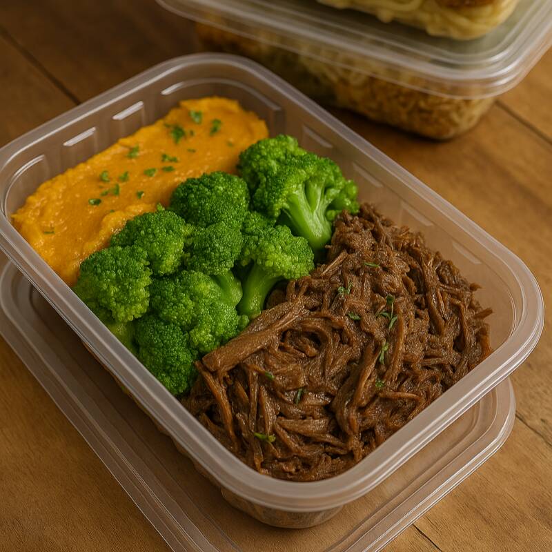 Um prato quentinho e cheio de conforto: ragu (carne desfiada) cozido lentamente, purê cremoso de cabotiã e brócolis no ponto certo. Sabor de comida caseira que abraça e nutre. Saudável, nutritivo, sem leite e sem trigo.