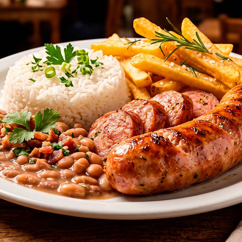 Linguiça toscana grelhada, um prato irresistível. Para acompanhar, um arroz soltinho (aprox. 200 g), feijão caseiro fresquinho (aprox. 100 g), batatas fritas crocantes (aprox. 50 g) e uma farofa temperada que realça cada garfada (aprox. 50 g).
Uma refeição robusta e cheia de sabor, perfeita para quem busca um clássico da culinária brasileira. Peça agora e transforme seu Dia com o toque especial do Terra Mar