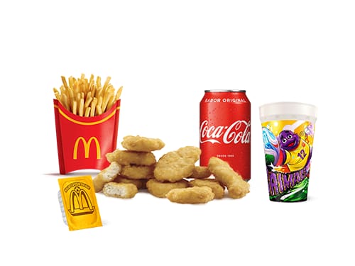 Oferta composta por: 10 (dez) unidades de Chicken McNuggets, 1 acompanhamento, 1 (um) Refrigerante servido no copo de 400ml, 1 (um) molho blíster e 1 (um) Copo edição exclusiva da Copa do Mundo da Fifa 2026. Imagens Meramente Ilustrativas
