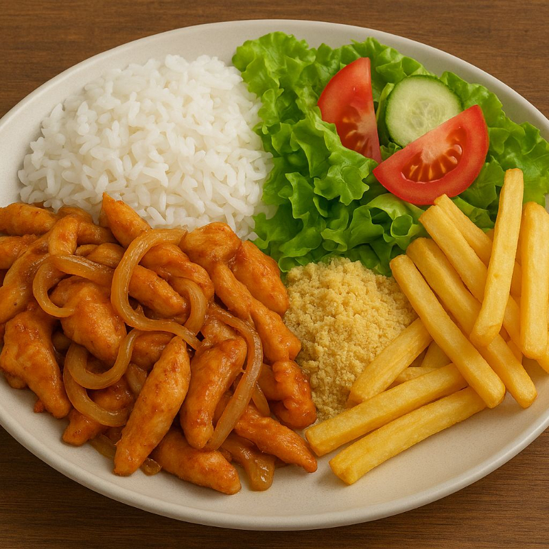 Arroz, feijão, farofa, salada, batata frita ou salpicão. (Descreva uma opção na observação, batata frita ou salpicão?)