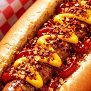 2 Salsichas, molho de tomate, mostarda, maionese caseira, batata palha, purê de batata, muçarela, bacon e pimenta.