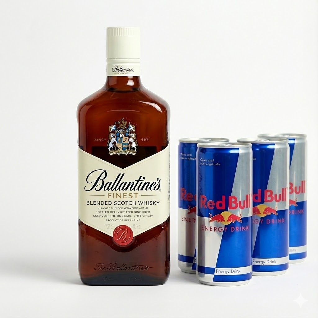 Ballantines Completo – Com 4 Red Bulls e 4 Gelos Descrição: Combo para chegar gelando na sua casa. 1x Whisky Ballantines 1L (Original) 4x Red Bull (Escolha os sabores nos complementos) 4x Gelo de Sabor (Escolha os sabores nos complementos) Selecione as opções abaixo e finalize seu pedido!