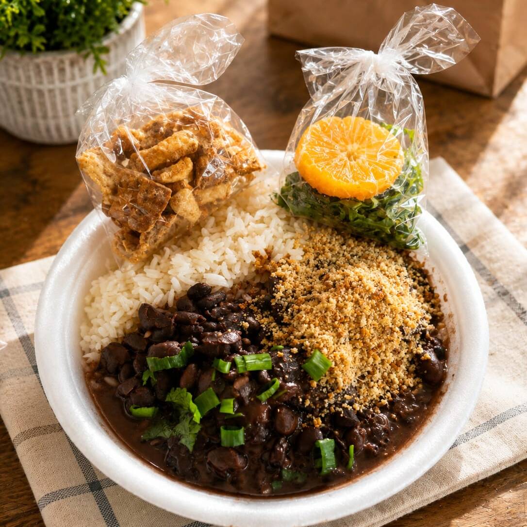 Feijoada completa com arroz soltinho, farofa, torresmo crocante e salada. Aproximadamente 600g de uma refeição caprichada e cheia de sabor!
