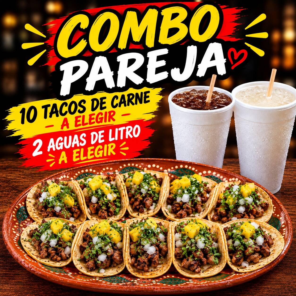 Combo Pareja 10 Tacos + 2 Aguas