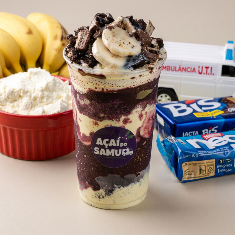 Açaí Cremoso Com Banana Fatiada, Negresco, Pedaços De Bis, Leite Condensado Cremoso E Leite Em Pó. Combinação Crocante, Doce E Cheia De Sabor Em Cada Colherada.