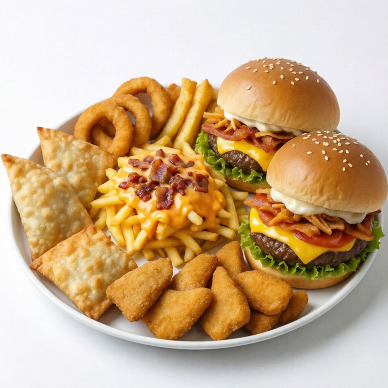 2 cheese bacon (pão de hambúrguer, maionese da casa, tomate, alface, carne de hambúguer, bacon) 5 anéis de cebola 5 nuggets 2 pasteis de queijo 250g de batata com cheddar cremoso, bacon, cebola crispe. todos os itens são pesados in natura! Foto Ilustrativa!