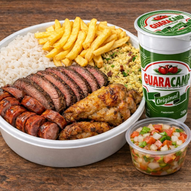 Alcatra fatiada, linguiça suína, 1 coxinha da asa, arroz soltinho, farofa especial, batata frita e vinagrete .