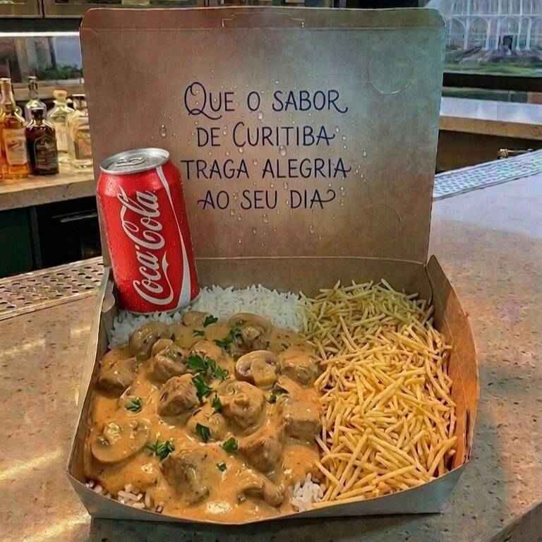 Strogonoff de Frango Especial + Coca-Cola Lata
Aquele clássico que não tem erro! Nosso strogonoff é feito com cubos de frango suculentos, molho cremoso e champignon fresco. Acompanha arroz branco soltinho e batata palha super crocante. Para fechar com chave de ouro, uma Coca-Cola geladinha (350ml).