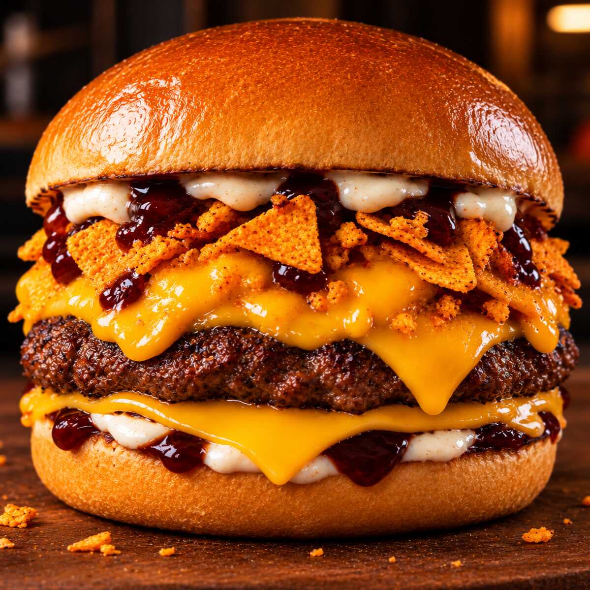 hamburguer + doritos + queijo + cheedar + maionese heins + molho bbq