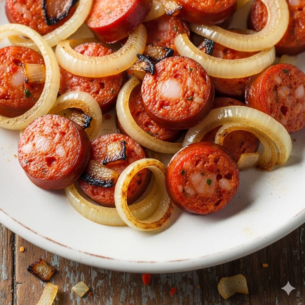 500g de calabresa frita acebolada. (Imagem meramente ilustrativa)