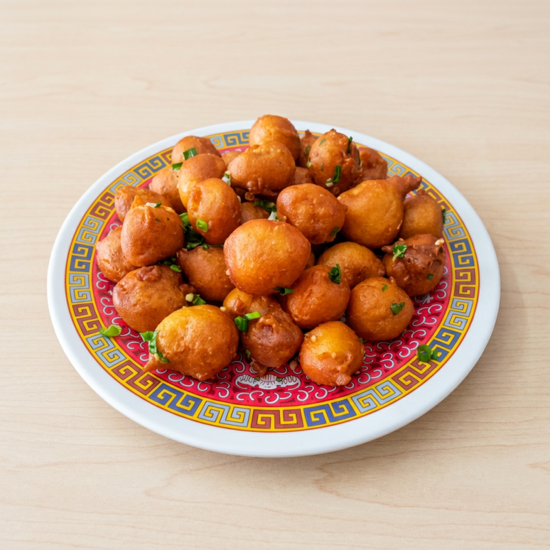 Cubos de peito de frango empanados, sequinhos com alho e cebola.