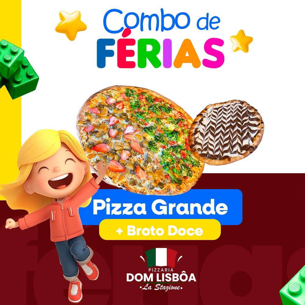 O Combo inclui uma pizza grande de oito pedaços, que você pode personalizar com dois sabores tradicionais irresistíveis à sua escolha. Acompanha também uma deliciosa pizza broto doce, perfeita para fechar a refeição com um toque de doçura. Um combo que une o melhor dos dois mundos: a autenticidade da pizza salgada e a tentação da pizza doce. Tudo isso com a qualidade e o sabor inconfundíveis da nossa Pizzaria. Aproveite!!!