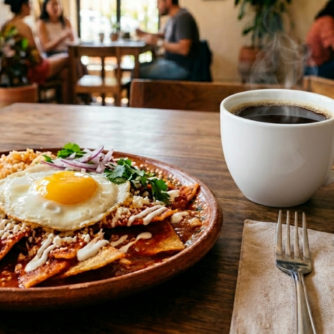 Combo Chilaquiles Rojos Con Huevo Y Café Negro