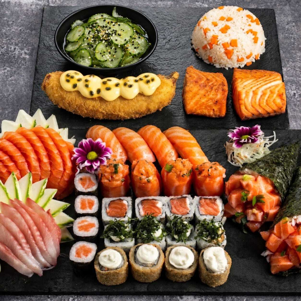 2 temakis, 12 sashimis, 24 sushis variados, 2 salmões grelhados, 1 porção de yakimeshi, 1 porção de Sunomono e banana empanada com mousse de maracujá. Acompanhado de Guaraná