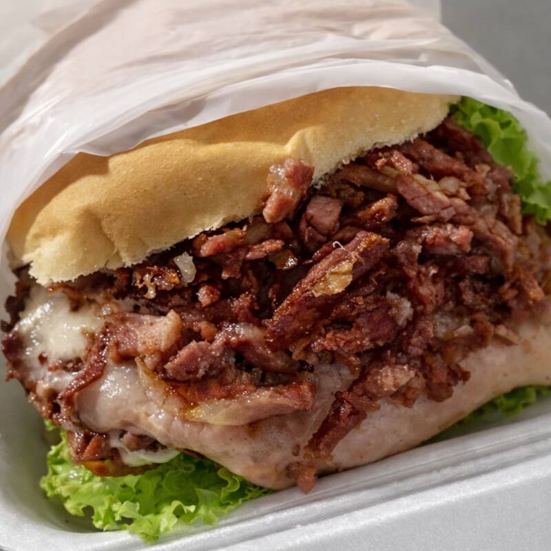 acompanham pão, maionese, hambúrguer, queijo, presunto, alface, tomate e batata palha.