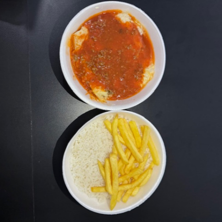 Arroz, Lasanha pedaço grande, batata frita