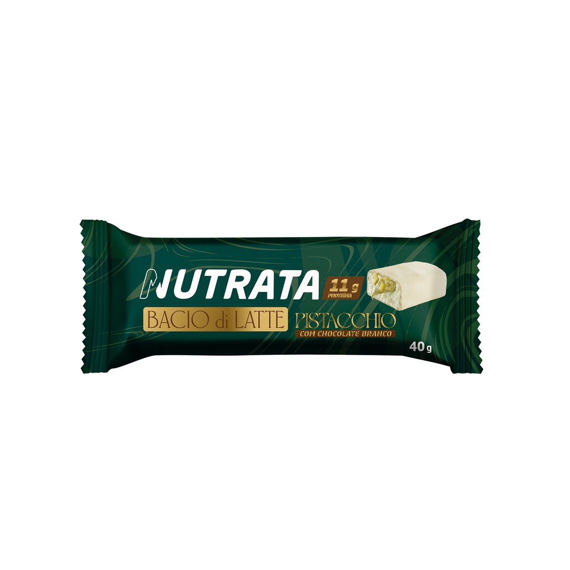 Barra de proteína Nutrata e Bacio di Latte sabor Pistacchio com chocolate branco. Traz o legítimo pistache da Bacio di Latte, combinando cremosidade, proteína (11g) e o sabor que só a Nutrata oferece.