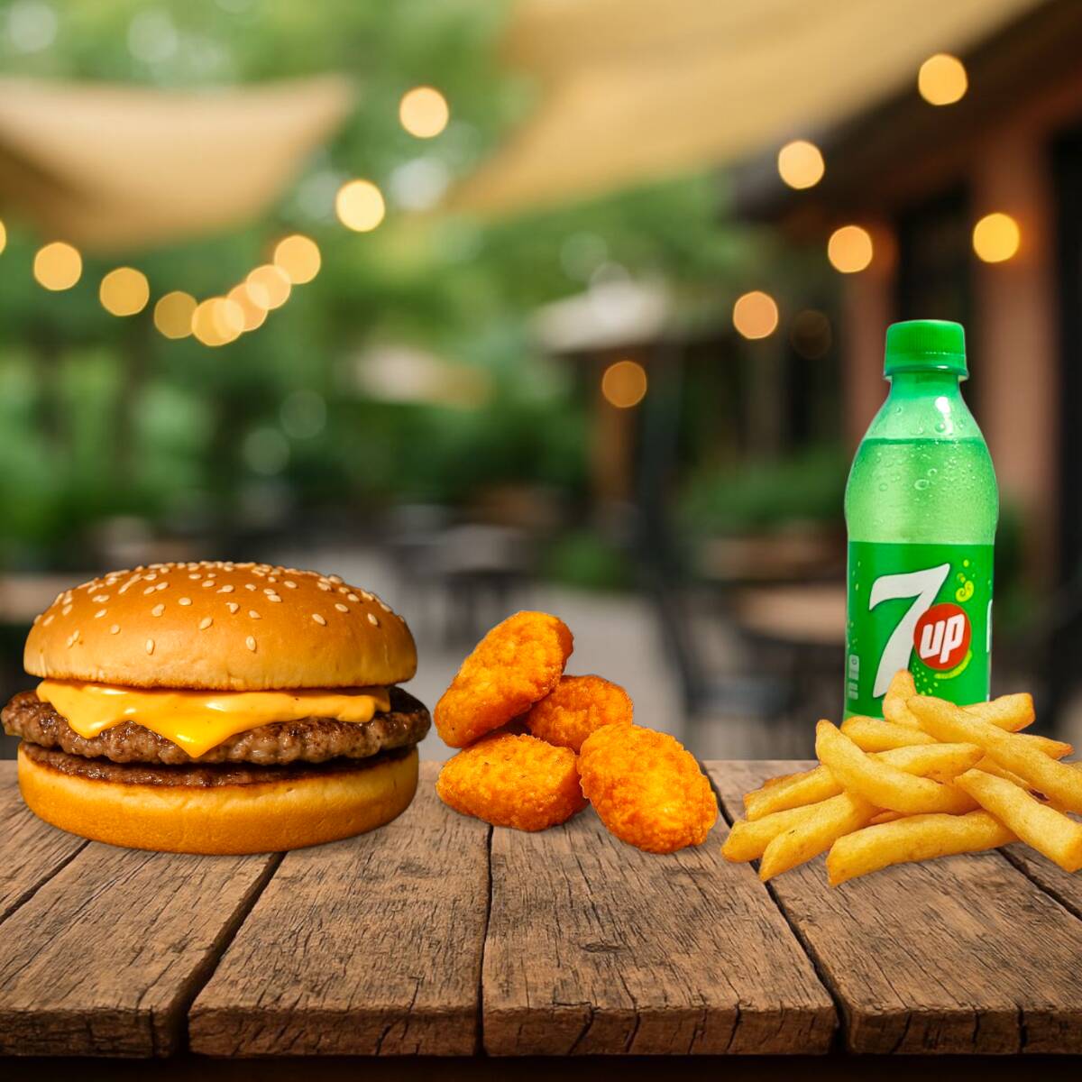 Cheeseburger + Nuggets + Papas + Bebida